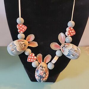 Vtg Easter Bunny Necklace or Garland Hand Painted Wood Beads Easter Egg Jewelry